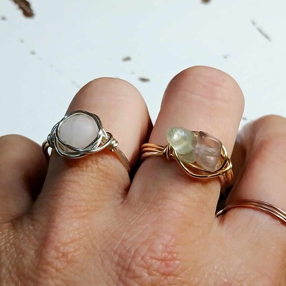 2 Piece Ring Set, Wire Wrapped, Rose Quartz & Fluorite, Size 7/9 - Picture 4 of 4
